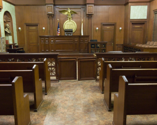 A courtroom from the back.