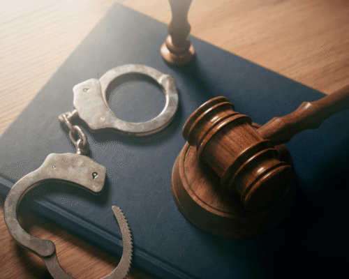 Handcuffs and wooden gavel. Crime, legal and violence concept