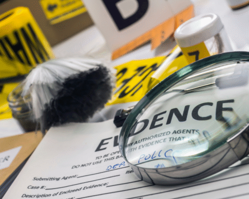 Close-up of forensic evidence including a magnifying glass, labeled evidence bag, fingerprint brush, and markers used in a criminal investigation scene.