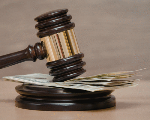 Close-up of a judge’s gavel resting on stacked cash representing money laundering charges and asset forfeiture in Los Angeles criminal cases.