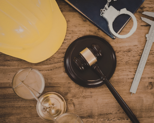 Judge's gavel, hard hat, handcuffs, scales of justice, and construction tools arranged on a table, symbolizing construction fraud investigations, contractor disputes, and legal defense under California law
