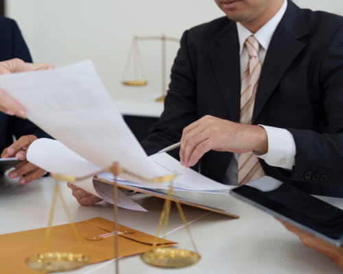 Attorneys review legal documents in an office with scales of justice nearby, representing a federal PPP or EIDL loan fraud investigation and the legal response to receiving a federal target letter.